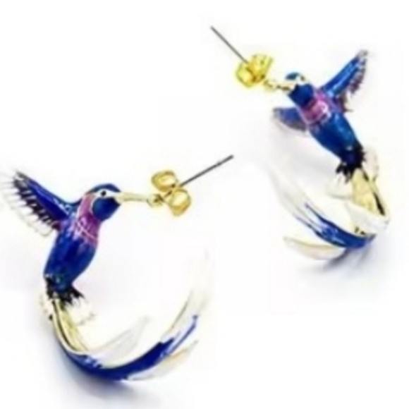 Anthropologie Jewelry - New! Blue Enamel Hummingbird Hoop Earrings • Gold 3D Flying Bird Studs • NWOT